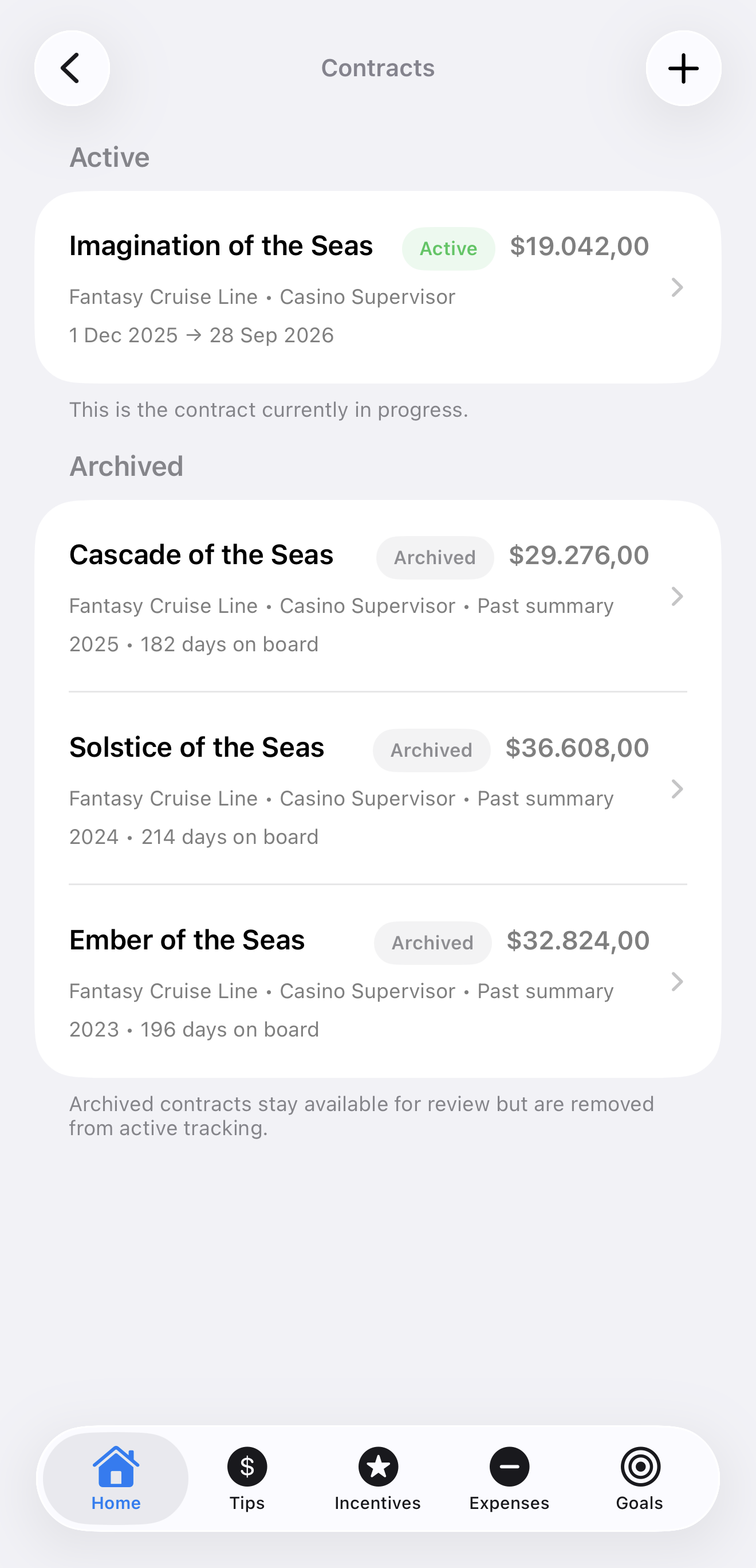 Crewallet contracts screen